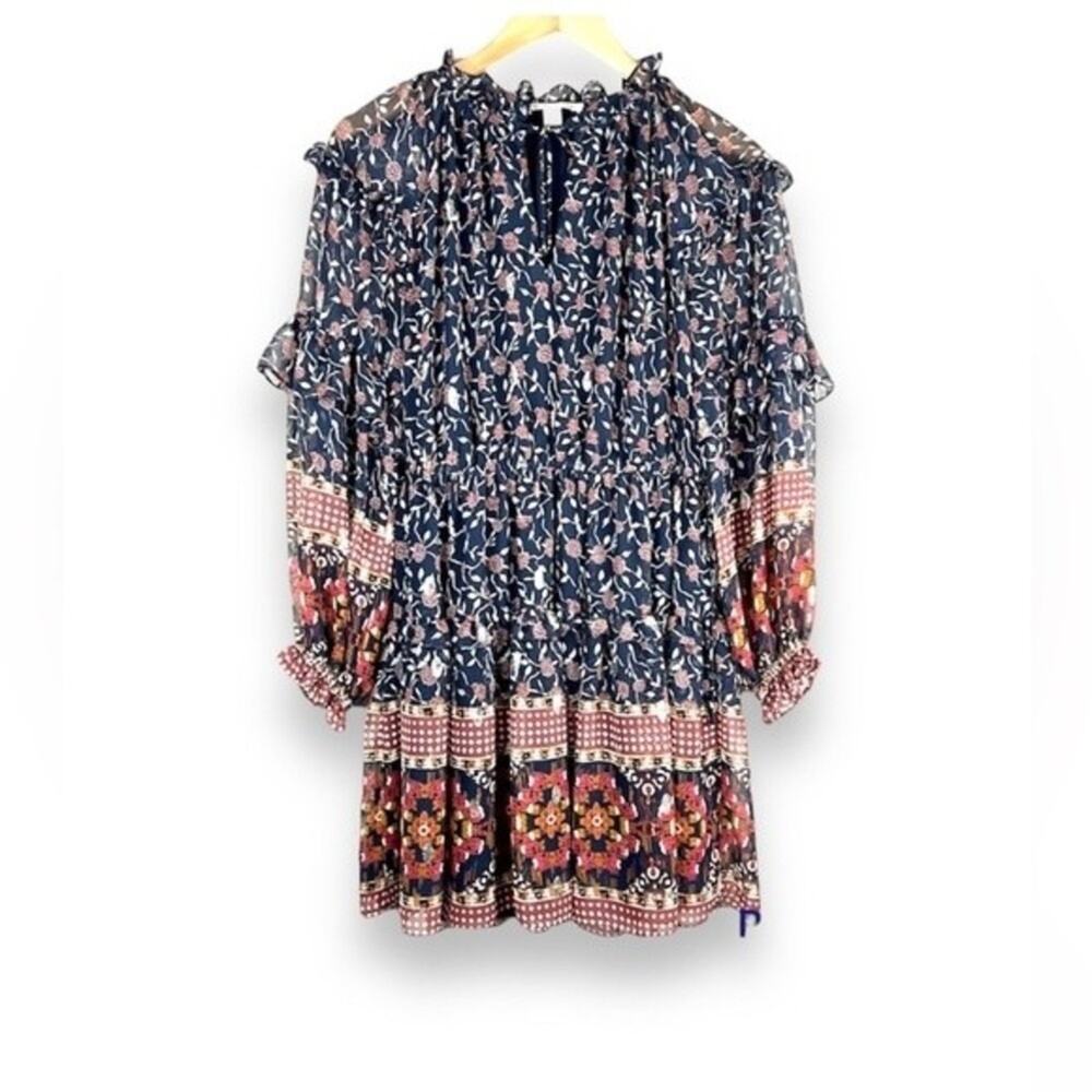 Chelsea & Violet maroon gray floral tiered ruffle long sleeve shift dress M